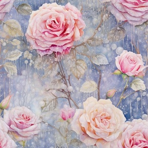 Snowing Ethereal Watercolor Winter Pink Roses