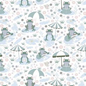 Small / Pond Pals - Muted Blue-Gray - Frogs - Toads - Pastel Colors - Monochromatic - Water Lily - Lotus Leaf - Pond - Nature - Kids - Whimsical - Funny