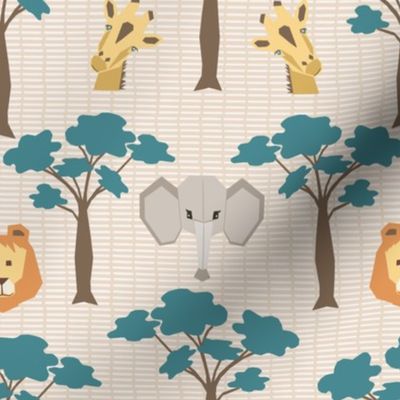 Kids African Safari Animals - lions, elephants, giraffes on dash background