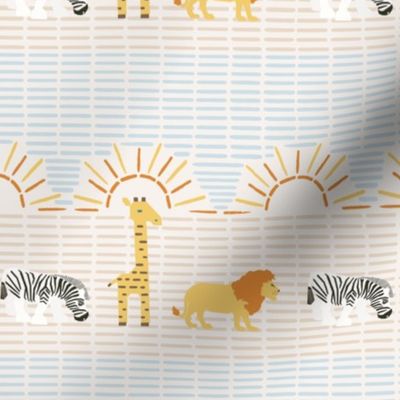 Line Drawing African Safari Animals and suns in Stripes on dash background