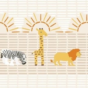 Line Drawing African Safari Animals and suns in Stripes on dash background