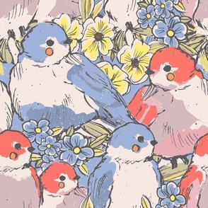 BLOOMS AND SMALL BIRDIES - 12 IN - BLUE RED