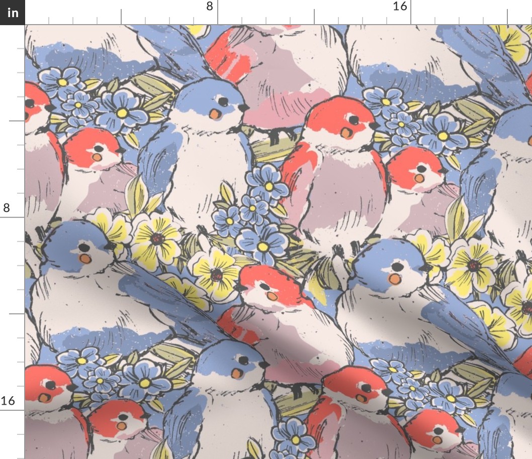 BLOOMS AND SMALL BIRDIES - 12 IN - BLUE RED