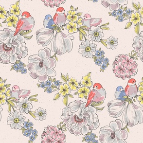 BLOOMS AND BIRDIES - 48 IN - CREAM AND PASTEL