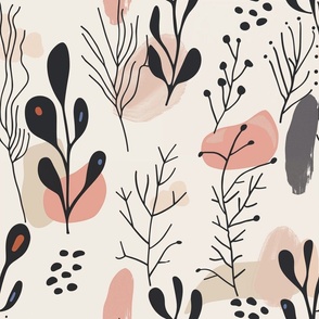 Spring branches and leaves,coral and dark grey