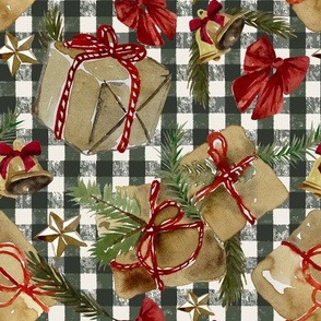 Christmas gifts and Bells on Dark Green Gingham Check