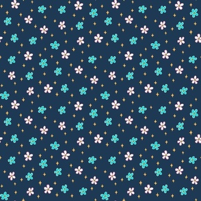 (M) Tiny Flowers and Spangles Tossed Jersey Shore Turquoise and White on Dark Blue