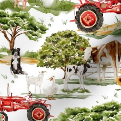Large- Captivating Watercolor: Rustic Farm Life Depicted Through Hand-Painted Colorful Animals, Barns, and Tractors on white 