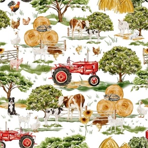 Large- Captivating Watercolor: Rustic Farm Life Depicted Through Hand-Painted Colorful Animals, Barns, and Tractors on white 