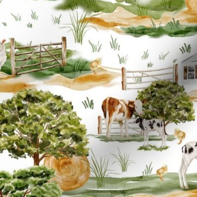 Large- Captivating Watercolor: Rustic Farm Life Depicted Through Hand-Painted Colorful Animals, As Cow And Calf, Goats,  Barns on white