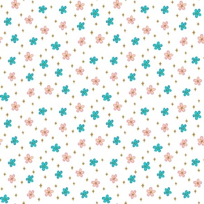(M) Tiny Flowers and Spangles Tossed Jersey Shore on Turquoise and Peach Pink White