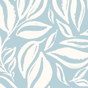 Light Blue and White Climbing Vine Leaves Large Scale 24in repeat