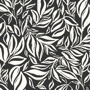 Black and White Climbing Vine Leaves Medium Scale 12in Repeat