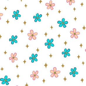(L) Tiny Flowers and Spangles Tossed Jersey Shore on Turquoise and Peach Pink White
