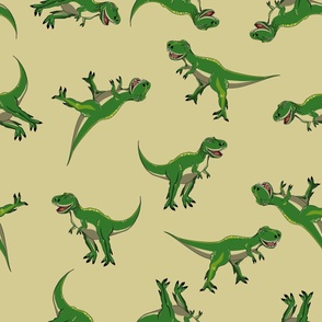 L Dinosaur - Cute Cartoon Dino - Ditsy Tyrannosaurus Rex - Forest Green T-Rex on Beige  (Cream Tan Light Yellow Caramel Chestnut) - Soft colors - Jurassic Park Inspired - Mid Century Modern - Prehistoric Animal - Fossil - Silhouette - Fantasy - Adventure 