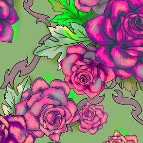 Retro roses damask, XL scale,  vintage violet and olive