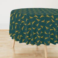 M Dinosaur - Cute Cartoon Dino - Ditsy Tyrannosaurus Rex - Gold Yellow T-Rex (Yellow Mustard) on Teal Green (Dark Blue Indigo Blue) - Soft colors - Jurassic Park Inspired - Mid Century Modern - Prehistoric Animal - Fossil - Silhouette - Fantasy - Adventur