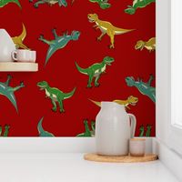 L Dinosaur - Cute Cartoon Dino - Ditsy Tyrannosaurus Rex - Mixed colors T-Rex (Forest Green Blue Yellow Mustard) on Brigth Red (Scarlet Red) - Soft colors - Jurassic Park Inspired - Mid Century Modern - Prehistoric Animal - Fossil - Silhouette - Fantasy -