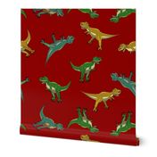 L Dinosaur - Cute Cartoon Dino - Ditsy Tyrannosaurus Rex - Mixed colors T-Rex (Forest Green Blue Yellow Mustard) on Brigth Red (Scarlet Red) - Soft colors - Jurassic Park Inspired - Mid Century Modern - Prehistoric Animal - Fossil - Silhouette - Fantasy -