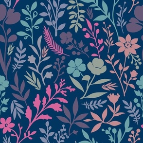 Ditsy Stylised Flowers & Leaves Prussian Blue