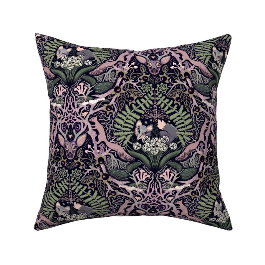 forest biome maximalist trellis in dusty pink mauve, sage green, olive, lilac purple on black | moody magical holy woodland at night sacred tree wild garlic moss ferns deadly nightshade deer owl squirrel fox woodpecker glowworms dragonfly | large