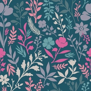 Ditsy Stylised Flowers & Leaves Dark Green