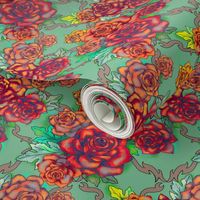 Retro roses damask, small scale, scarlet and jade