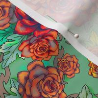 Retro roses damask, small scale, scarlet and jade