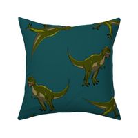 L Dinosaur - Cute Cartoon Dino - Ditsy Tyrannosaurus Rex - Olive Green T-Rex (Dark Green) on Dark Blue (Teal Green Vintage Blue) - Realistic colors - Jurassic Park Inspired - Mid Century Modern - Prehistoric Animal - Fossil - Silhouette - Fantasy - Advent