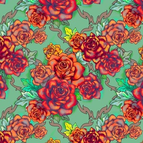 Retro roses damask, medium, scarlet and jade