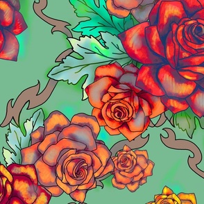 Retro roses damask, XL, scarlet and jade