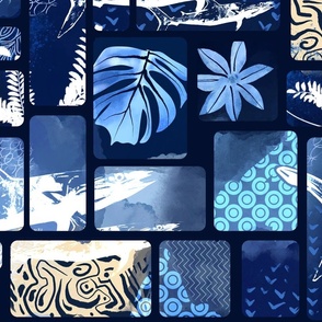 Tropical Fusion shades of blue and white blockprint. Hawaiian Style - large scale