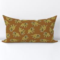 M Dinosaur - Cute Cartoon Dino - Ditsy Triceratops - Pastel Yellow Triceratop (Khaki Brown) on Aancient Brown (Terracotta Brown) - Pastel colors - Monochrome - Jurassic Park Inspired - Mid Century Modern - Prehistoric Animal - Fossil - Silhouette - Fantas