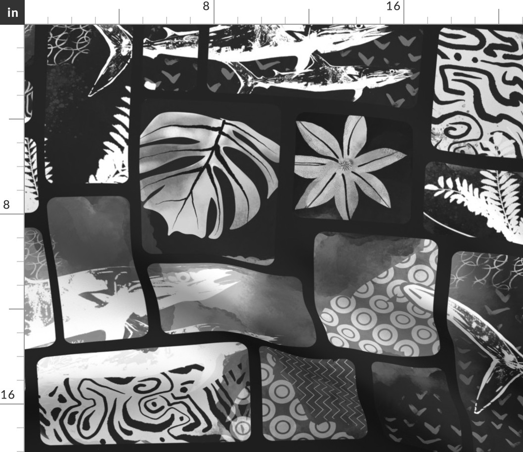 Tropical Fusion hades of grey and white blockprint. Hawaiian Style - large scale