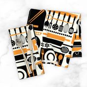 Kitchen Theme Pattern with Cooking Utensils  for Chef Like Coffee Grinder, Saucepan, Knife, Plate, Fork, Frying Pan, Placemat, Coffee Maker, Bread, Potatoes, Cutting Board, Rolling Pin, Coffee Beans for all Baking Lovers and Chefs