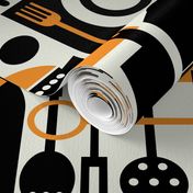 Kitchen Theme Pattern with Cooking Utensils  for Chef Like Coffee Grinder, Saucepan, Knife, Plate, Fork, Frying Pan, Placemat, Coffee Maker, Bread, Potatoes, Cutting Board, Rolling Pin, Coffee Beans for all Baking Lovers and Chefs