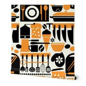 Kitchen Theme Pattern with Cooking Utensils  for Chef Like Coffee Grinder, Saucepan, Knife, Plate, Fork, Frying Pan, Placemat, Coffee Maker, Bread, Potatoes, Cutting Board, Rolling Pin, Coffee Beans for all Baking Lovers and Chefs
