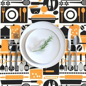 Kitchen Theme Pattern with Cooking Utensils  for Chef Like Coffee Grinder, Saucepan, Knife, Plate, Fork, Frying Pan, Placemat, Coffee Maker, Bread, Potatoes, Cutting Board, Rolling Pin, Coffee Beans for all Baking Lovers and Chefs