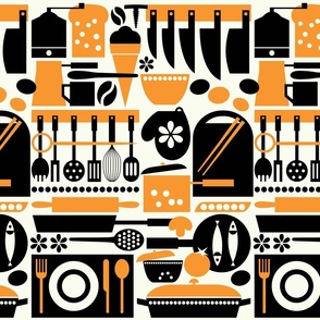 Kitchen Theme Pattern with Cooking Utensils  for Chef Like Coffee Grinder, Saucepan, Knife, Plate, Fork, Frying Pan, Placemat, Coffee Maker, Bread, Potatoes, Cutting Board, Rolling Pin, Coffee Beans for all Baking Lovers and Chefs