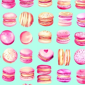 French Macaron Pink Pastel Watercolor Pattern On Mint Turquoise