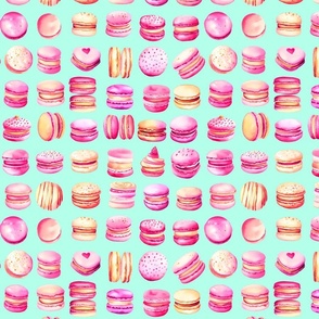 French Macaron Pink Pastel Watercolor Pattern On Mint Turquoise Smaller Scale