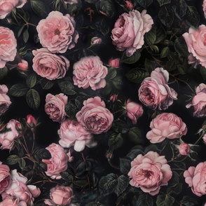 Pink Moody Roses, Dark Romanticism, Antique Floral Oil Painting, Vintage Pink Roses Wallpaper, Large Scale Roses