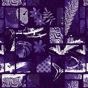 Tropical Fusion shades of purple and white blockprint. Hawaiian Style - medium scale