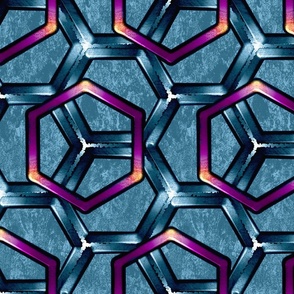 Metallic Hexagons Purple on Blue