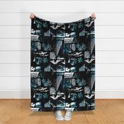 Tropical Fusion teal green black and white blockprint. Hawaiian Style - large scale