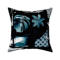 Tropical Fusion teal green black and white blockprint. Hawaiian Style - large scale