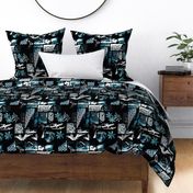 Tropical Fusion teal green black and white blockprint. Hawaiian Style - medium scale