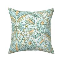 (L) Forest Butterfly Damask Earthy, Magical Leafy Butterflies on Aqua Blue with Peach