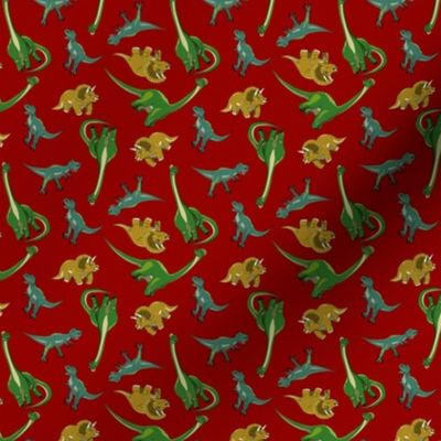 XS Dinosaur - Cute Cartoon Dino - Ditsy Dinosaurs - Soft Teal Blue T-Rex (Light Blue) Mustard Yellowx Triceratop Forest Green Brachiosaurus (Vibrant Green) on Crimson Red (Dark Red) - Soft colors - Jurassic Park Inspired - Mid Century Modern - P