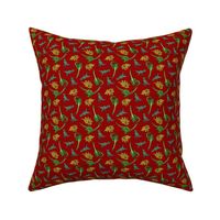 XS Dinosaur - Cute Cartoon Dino - Ditsy Dinosaurs - Soft Teal Blue T-Rex (Light Blue) Mustard Yellowx Triceratop Forest Green Brachiosaurus (Vibrant Green) on Crimson Red (Dark Red) - Soft colors - Jurassic Park Inspired - Mid Century Modern - P